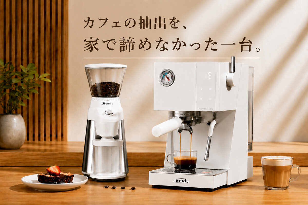 カフェの抽出を、家で諦めなかった一台。Gevi ECMN0 と Gevi 特製グラインダー、抽出中のエスプレッソとカフェラテ